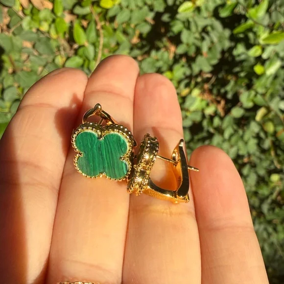 New! Gold and Green Clip-On Clover Earrings - Picture 5 of 7